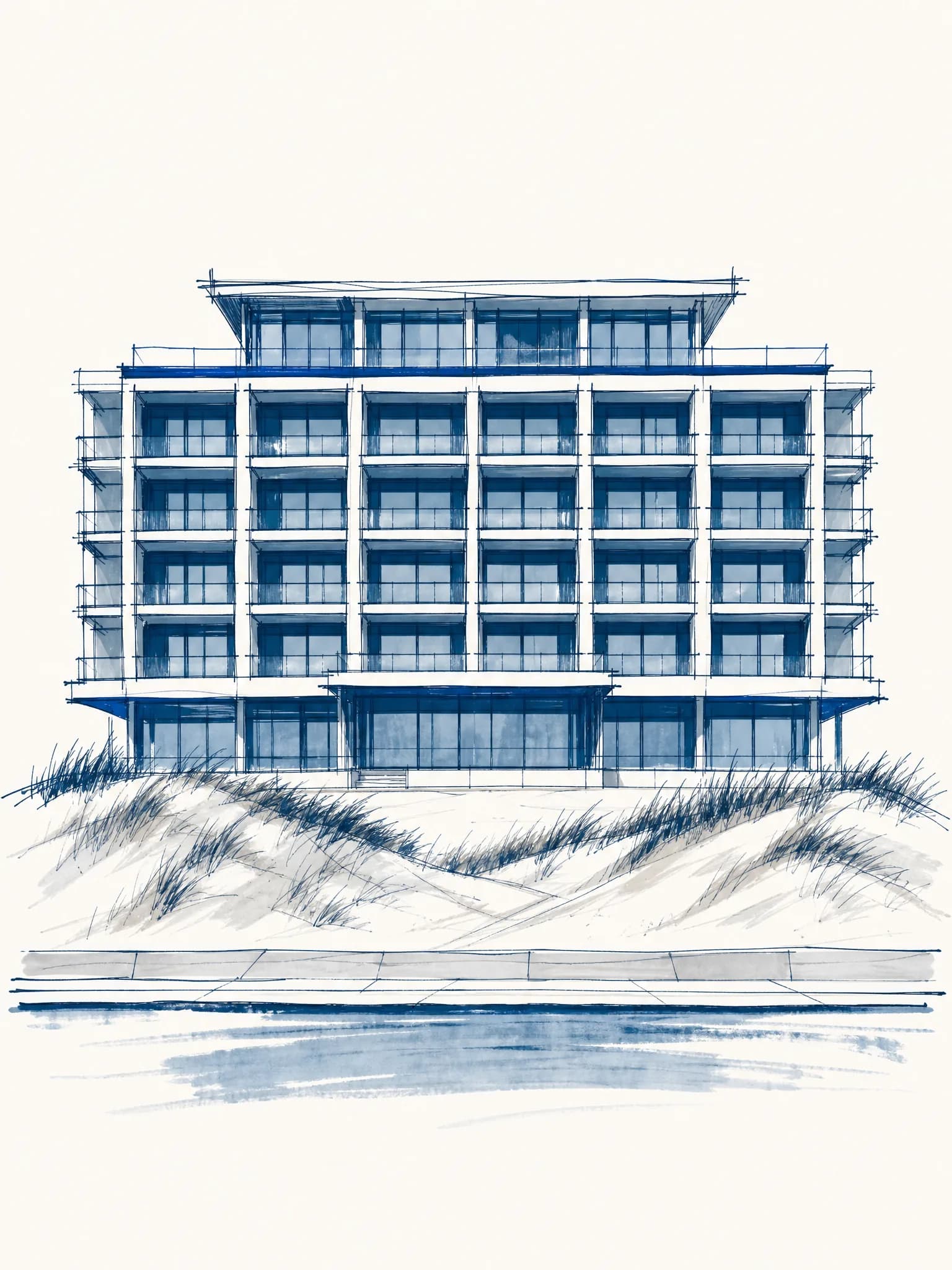 Architekturzeichnung eines Mehrfamilienhauses in den Dünen an der Ostsee