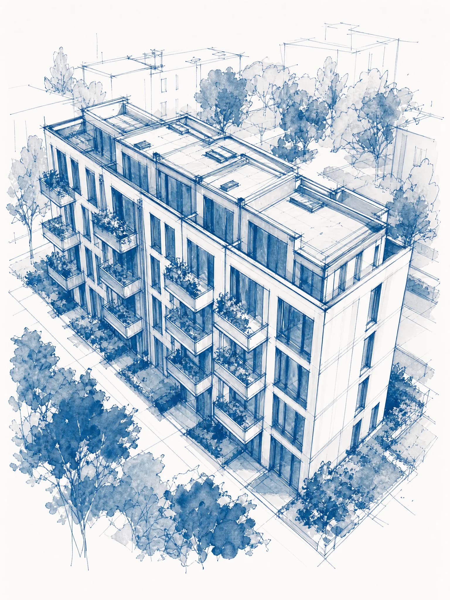 Architekturzeichnung eines Wohnblocks mit begrünten Balkonen aus der Vogelperspektive