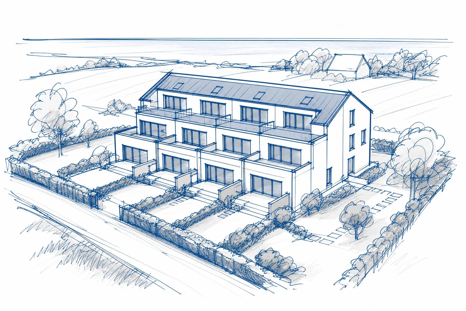Architekturzeichnung eines Neubauprojekts mit Reihenhäusern und Gärten