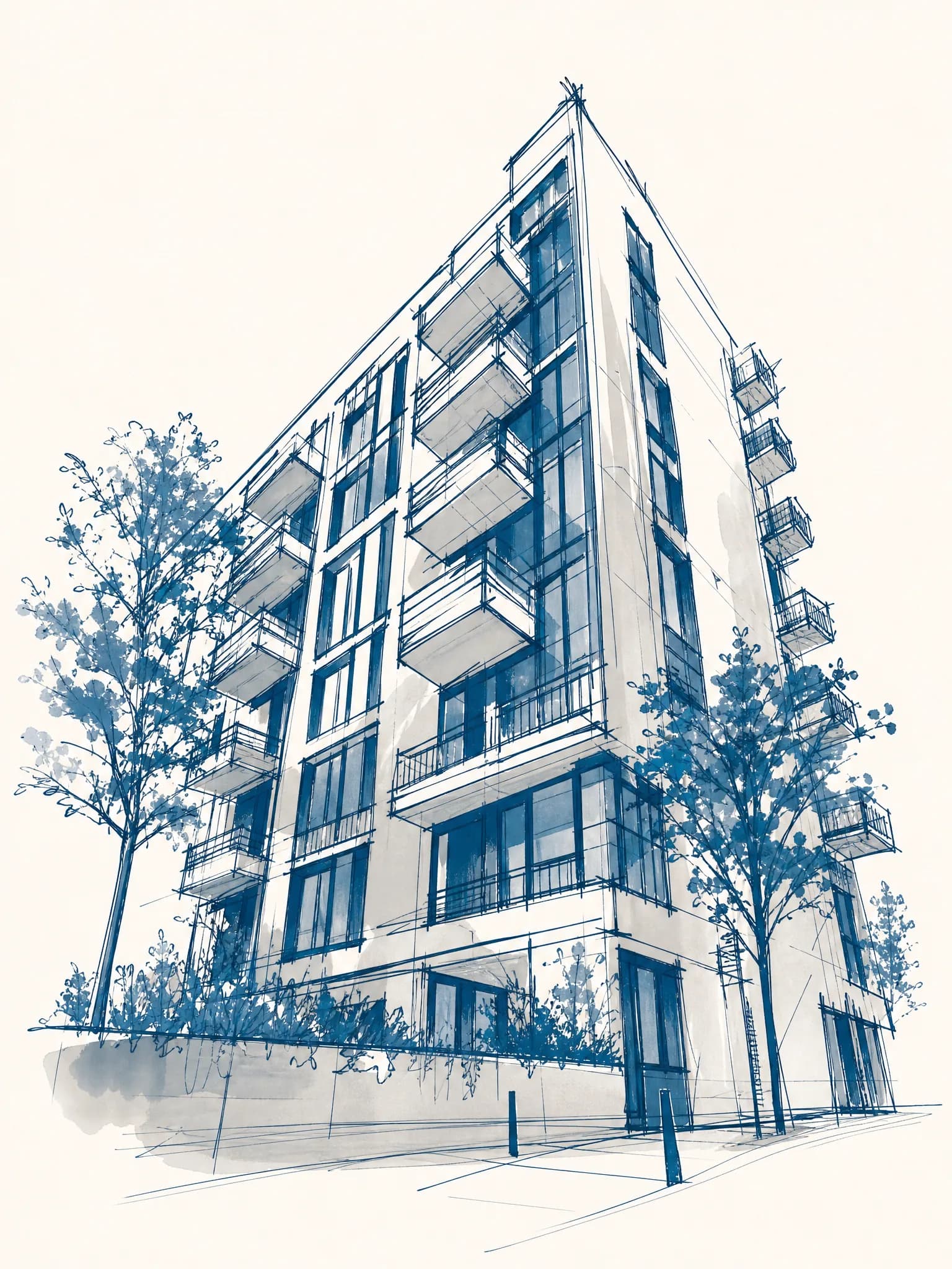 Architekturzeichnung eines modernen Mehrfamilienhauses mit Balkonen